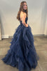 Load image into Gallery viewer, Sparkly  Strapless Navy A Line Tiered Long Tulle Prom Dress