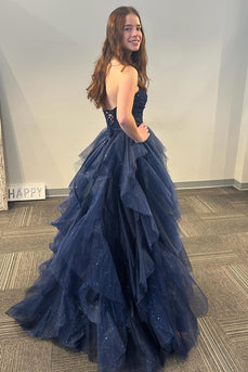 Sparkly  Strapless Navy A Line Tiered Long Tulle Prom Dress