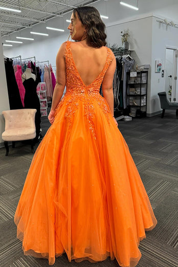 Floral Orange A Line Long Tulle Prom Dress with Appliques