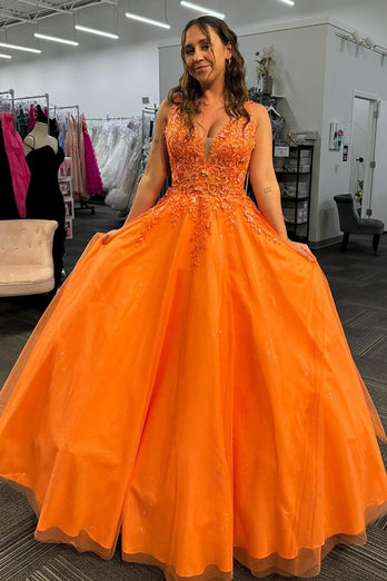 Floral Orange A Line Long Tulle Prom Dress with Appliques