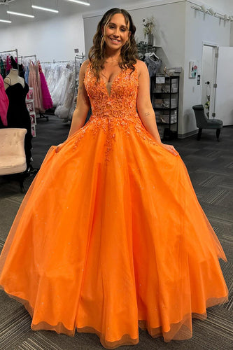 Floral Orange A Line Long Tulle Prom Dress with Appliques