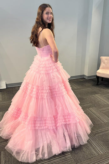 One Shoulder Light Pink A Line Tiered Long Tulle Prom Dress