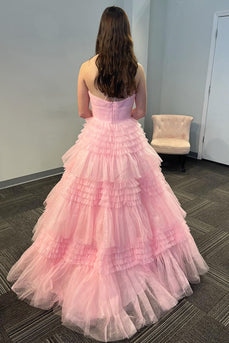 One Shoulder Light Pink A Line Tiered Long Tulle Prom Dress