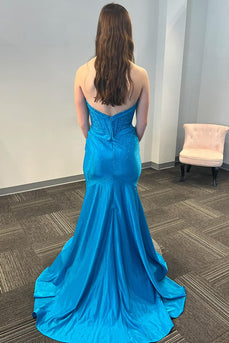 Beaded Sparkly Blue Strapless Long Satin Prom Dress