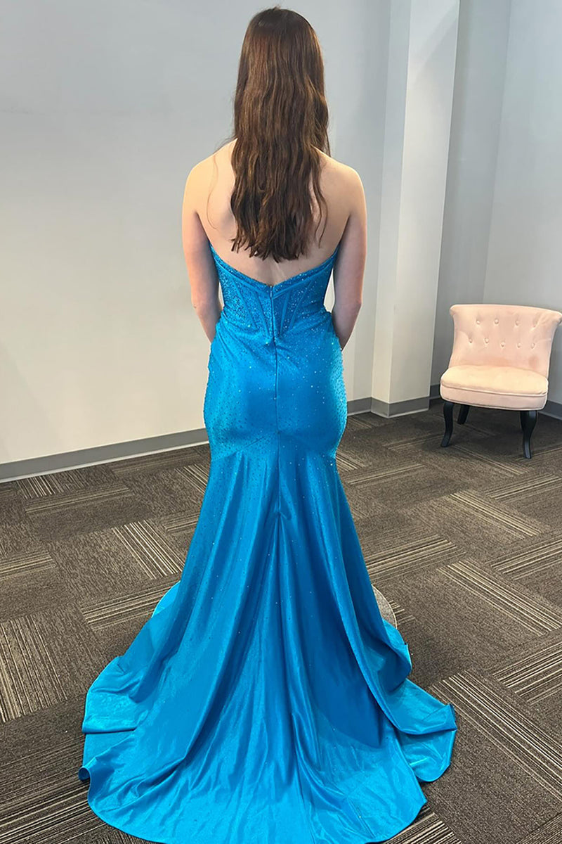 Load image into Gallery viewer, Beaded Sparkly Blue Strapless Long Satin Prom Dress