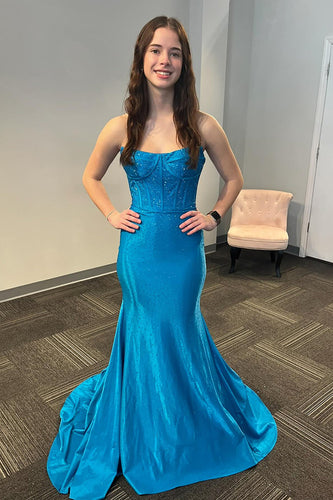 Beaded Sparkly Blue Strapless Long Satin Prom Dress