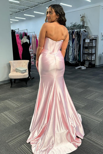 Strapless Light Pink Satin Long Corset Prom Dress with Slit