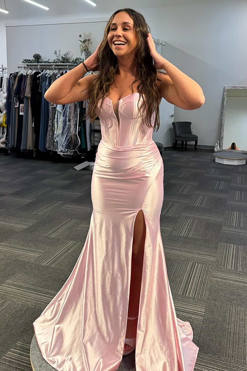 Strapless Light Pink Satin Long Corset Prom Dress with Slit