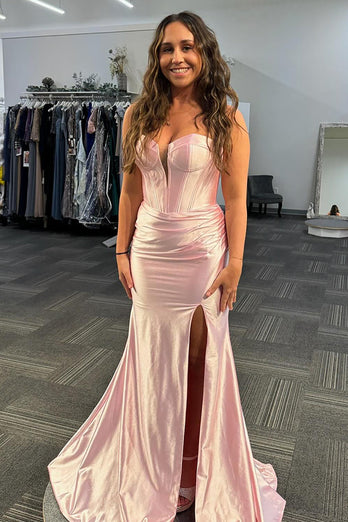 Strapless Light Pink Satin Long Corset Prom Dress with Slit