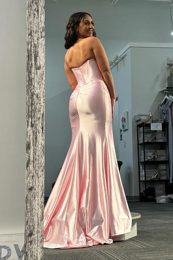 Strapless Light Pink Satin Long Corset Prom Dress with Slit