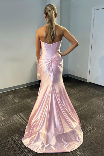 Strapless Light Pink Satin Long Corset Prom Dress with Slit