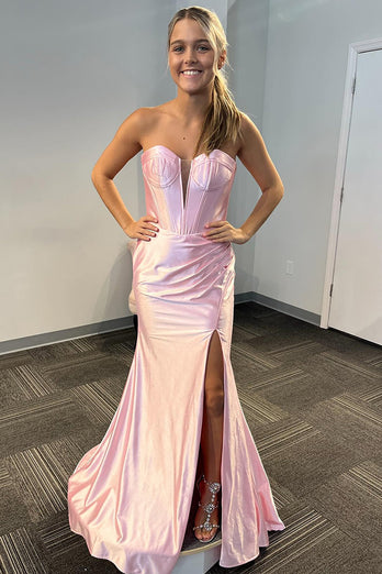 Strapless Light Pink Satin Long Corset Prom Dress with Slit