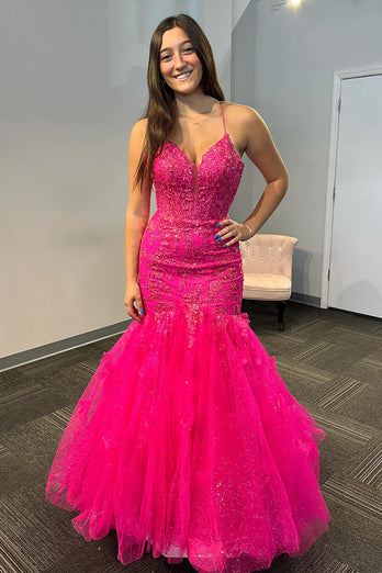 Fuchsia Appliqued Tulle Long Corset Prom Dress