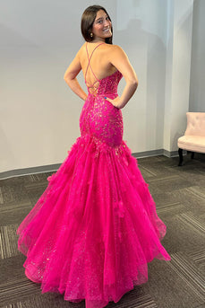 Fuchsia Appliqued Tulle Long Corset Prom Dress