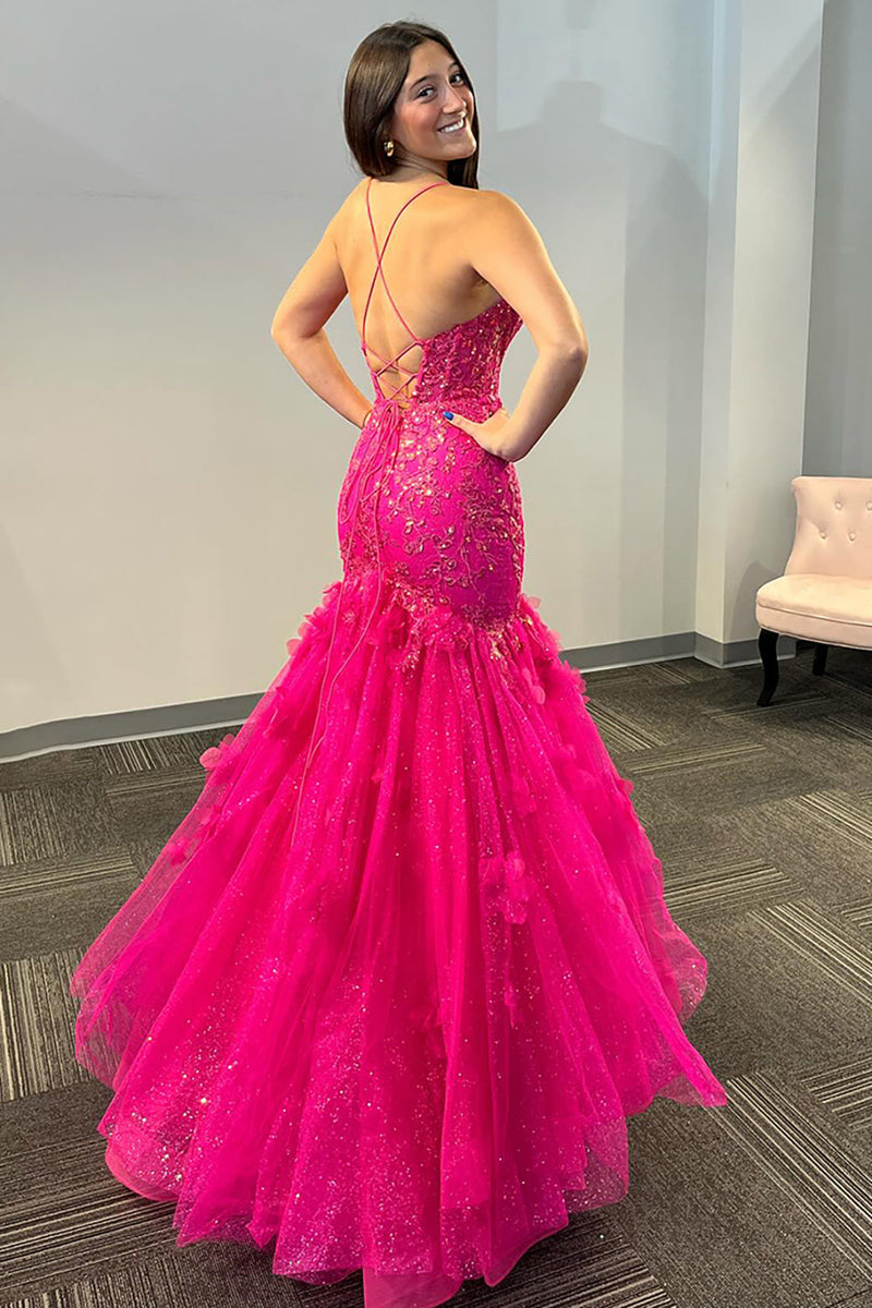 Load image into Gallery viewer, Fuchsia Appliqued Tulle Long Corset Prom Dress