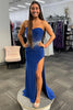 Load image into Gallery viewer, Sparkly Beaded Strapless Royal Blue Long Corset Prom Dress with Slit