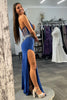 Load image into Gallery viewer, Sparkly Beaded Strapless Royal Blue Long Corset Prom Dress with Slit