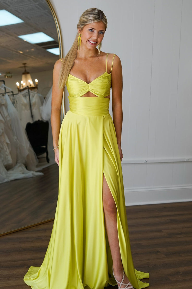 Load image into Gallery viewer, Yellow A Line Spaghetti Straps Keyhole Long Prom Dress with Slit