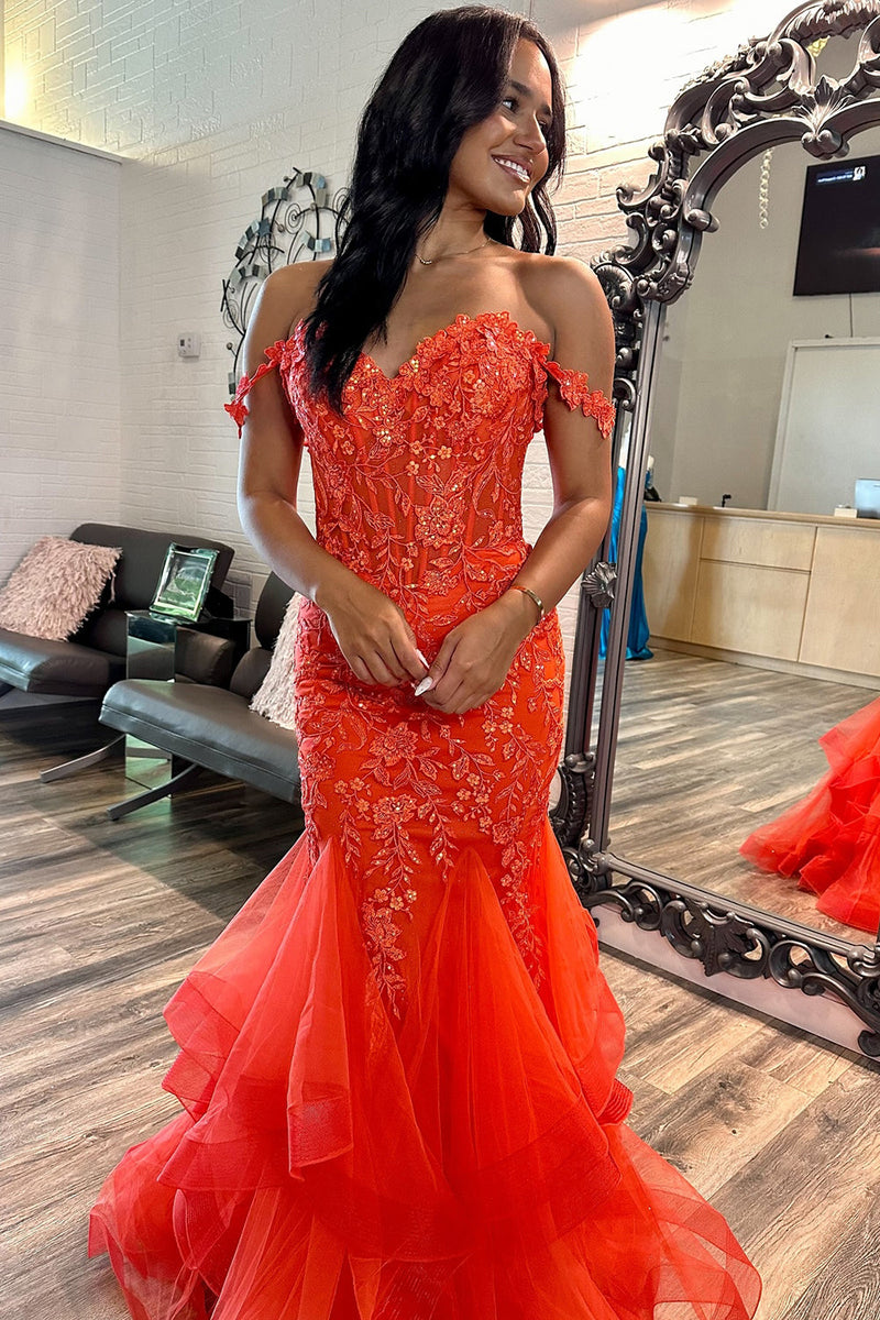 Load image into Gallery viewer, Sparkly Orange Corset Off the Shoulder Floral Long Prom Dress