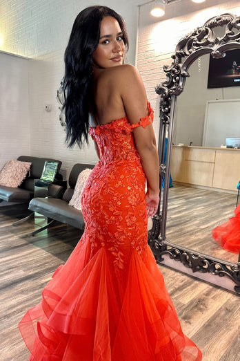 Sparkly Orange Corset Off the Shoulder Floral Long Prom Dress