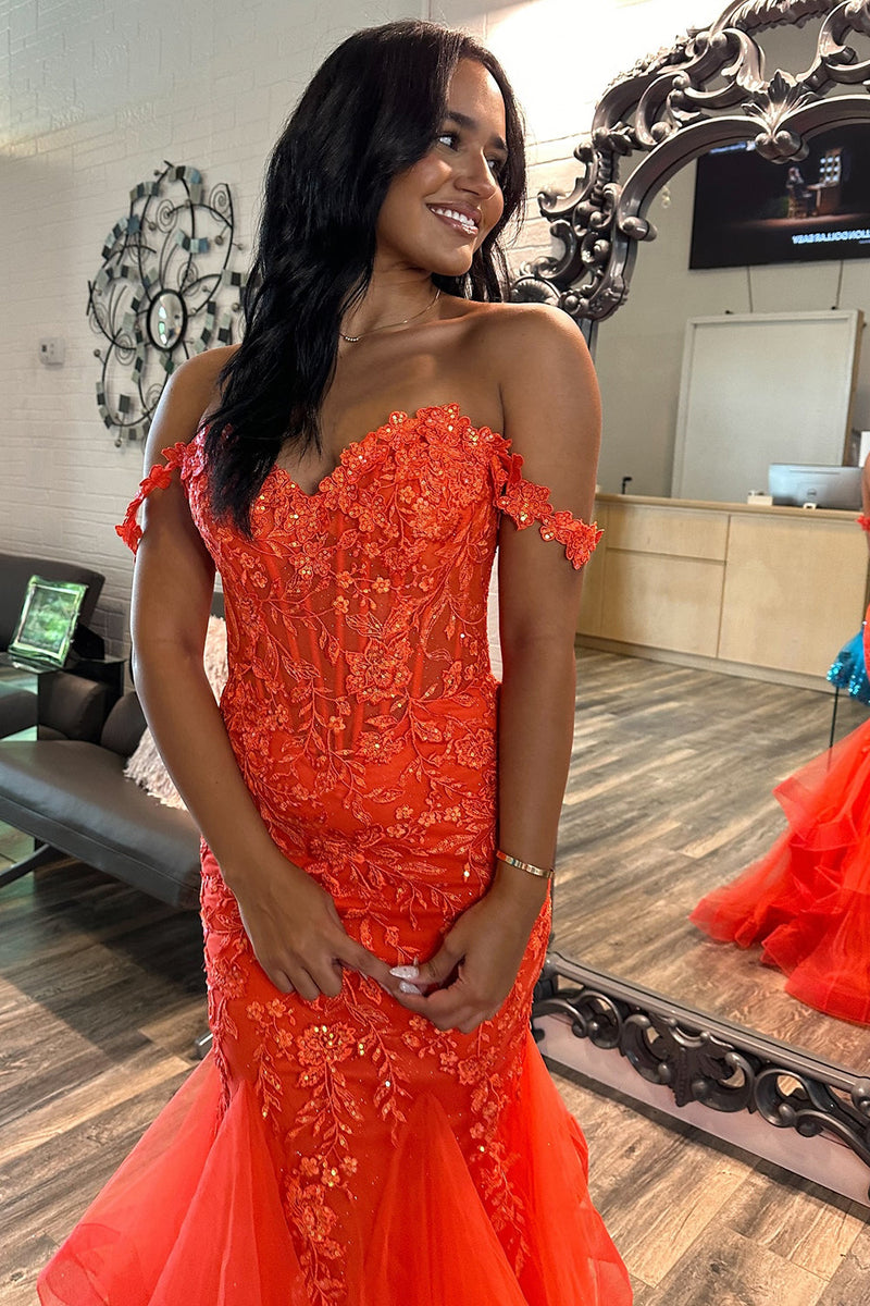 Load image into Gallery viewer, Sparkly Orange Corset Off the Shoulder Floral Long Prom Dress