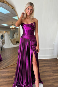 Dark Purple Corset Strapless Long Metallic Prom Dress with Slit