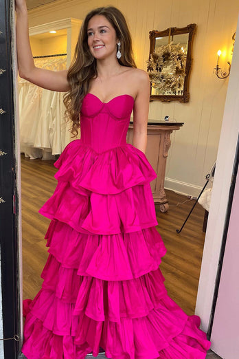 Fuchsia A Line Corset Strapless Tiered Long Satin Prom Dress