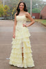 Load image into Gallery viewer, Yellow Mermaid Tiered Long Appliqued Chiffon Prom Dress with Slit