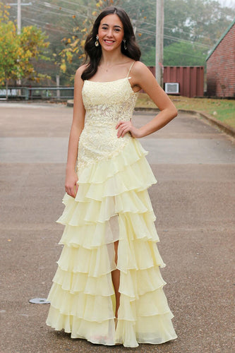 Yellow Mermaid Tiered Long Appliqued Chiffon Prom Dress with Slit