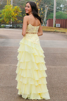 Yellow Mermaid Tiered Long Appliqued Chiffon Prom Dress with Slit