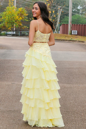 Yellow Mermaid Tiered Long Appliqued Chiffon Prom Dress with Slit