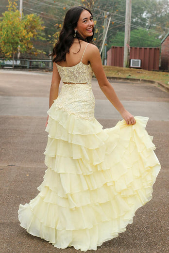 Yellow Mermaid Tiered Long Appliqued Chiffon Prom Dress with Slit