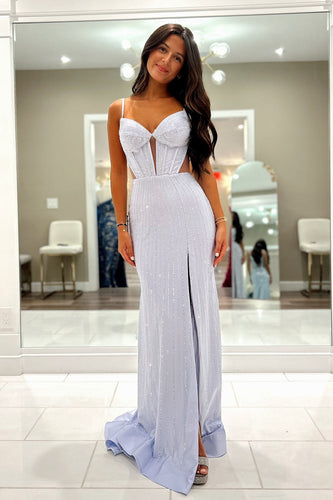 Sparkly Lilac Corset Beaded Keyhole Long Prom Dress with Slit