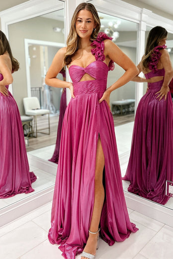 Fuchsia One Shoulder Keyhole Long Metallic Prom Dress with Slit