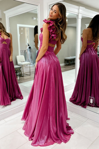 Fuchsia One Shoulder Keyhole Long Metallic Prom Dress with Slit