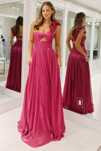 Fuchsia One Shoulder Keyhole Long Metallic Prom Dress with Slit