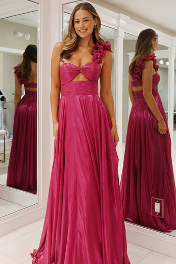 Fuchsia One Shoulder Keyhole Long Metallic Prom Dress with Slit