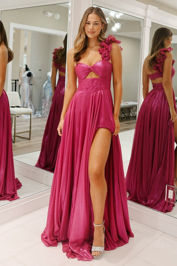 Fuchsia One Shoulder Keyhole Long Metallic Prom Dress with Slit