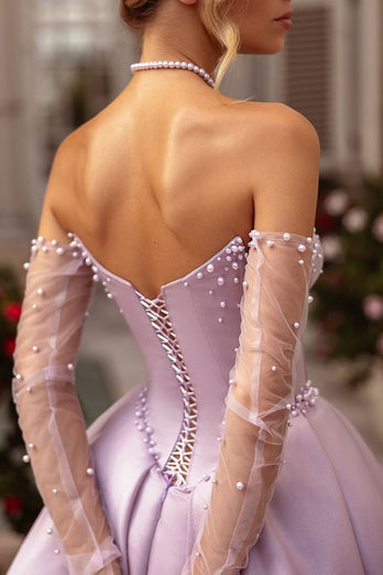 Princess Lilac Corset Pearl Long Satin Prom Dress with Slit