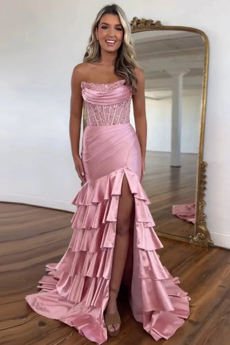 Sparkly Blush Corset Mermaid Tiered Long Prom Dress with Slit