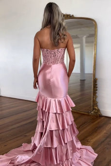 Sparkly Blush Corset Mermaid Tiered Long Prom Dress with Slit