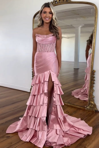 Sparkly Blush Corset Mermaid Tiered Long Prom Dress with Slit