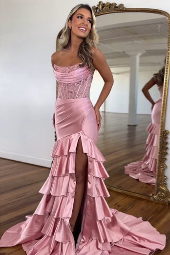 Sparkly Blush Corset Mermaid Tiered Long Prom Dress with Slit