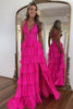 Load image into Gallery viewer, Sparkly Fuchsia Beaded A Line Tiered Long Prom Dress with Slit