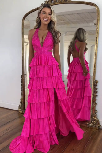 Sparkly Fuchsia Beaded A Line Tiered Long Prom Dress with Slit