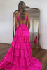 Load image into Gallery viewer, Sparkly Fuchsia Beaded A Line Tiered Long Prom Dress with Slit