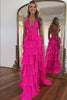 Load image into Gallery viewer, Sparkly Fuchsia Beaded A Line Tiered Long Prom Dress with Slit