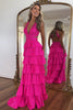 Load image into Gallery viewer, Sparkly Fuchsia Beaded A Line Tiered Long Prom Dress with Slit