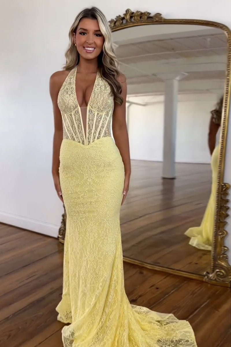 Load image into Gallery viewer, Yellow Corset Halter Appliqued Mermaid Long Prom Dress