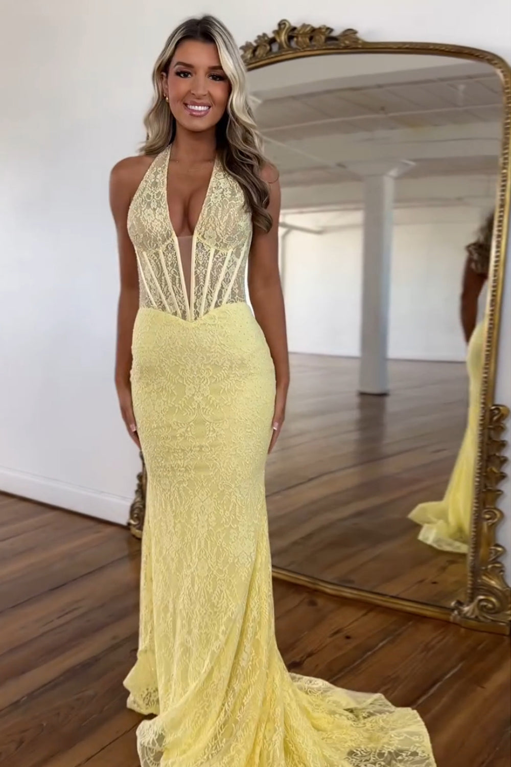 Yellow Corset Halter Appliqued Mermaid Long Prom Dress